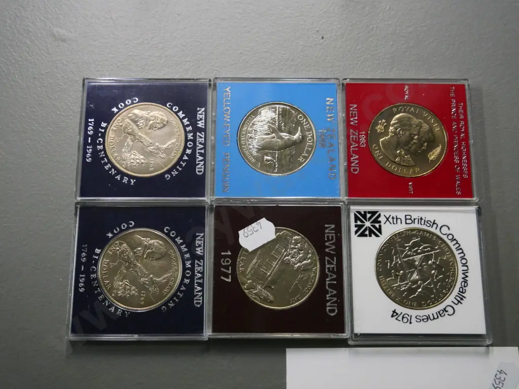 6 New Zealand commemorative collector coins - 1969 BIcentenary, 1974 Commonwealth games, 1983 Royal visit, etc. Image 1++