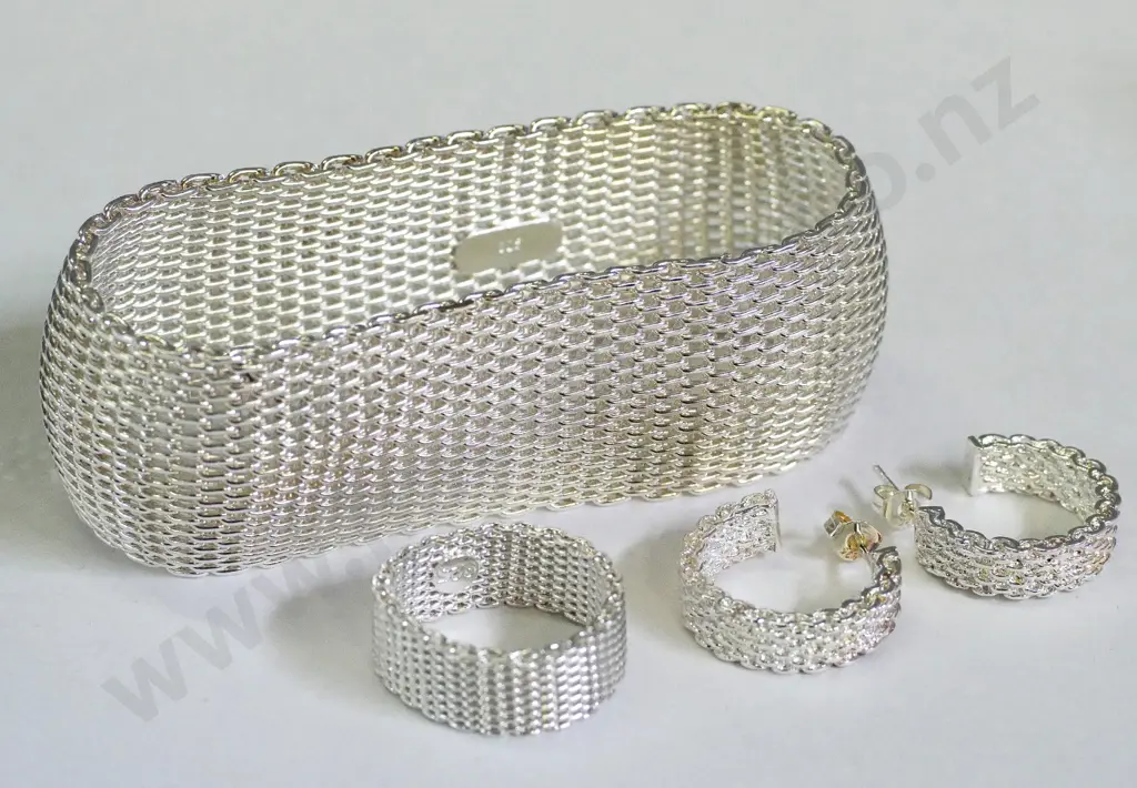 silver mesh style bangle, ring and earring set stamped 925 Image 1++