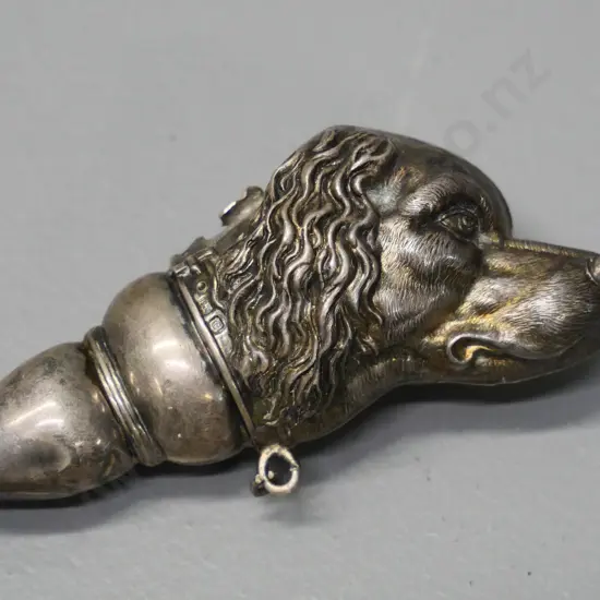 sterling silver whistle in the shape of a dog's head, piece broken off may have been handle or chain attachment L90
