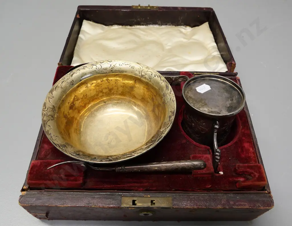 cased sterling silver presentation set, engraved 1846, wear to case, missing knife, no hallmark on bowl Image 1++