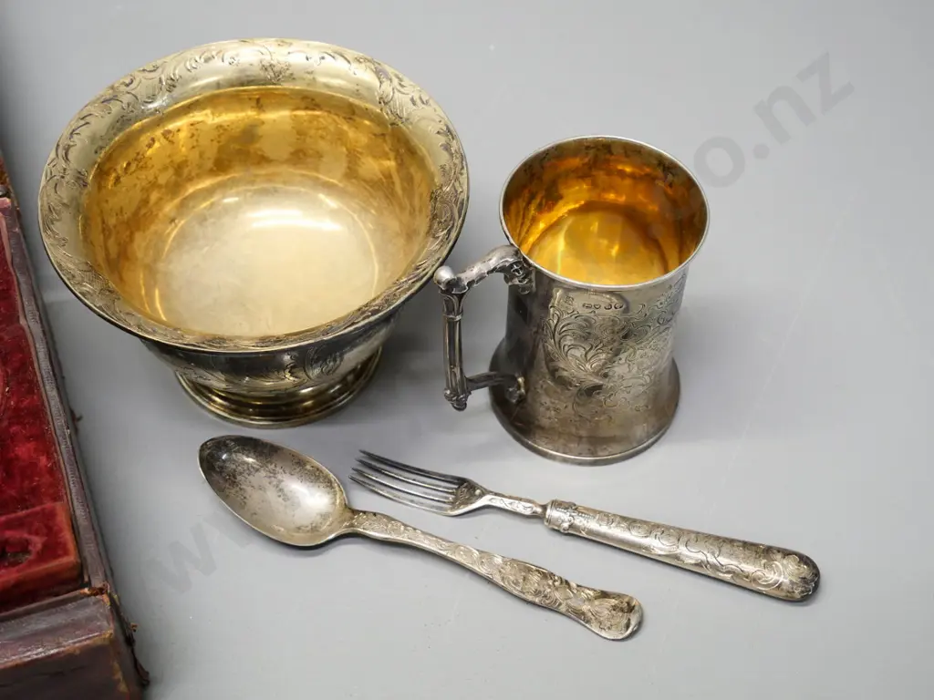 cased sterling silver presentation set, engraved 1846, wear to case, missing knife, no hallmark on bowl Image 1++