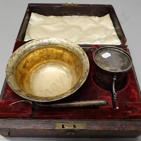cased sterling silver presentation set, engraved 1846, wear to case, missing knife, no hallmark on bowl