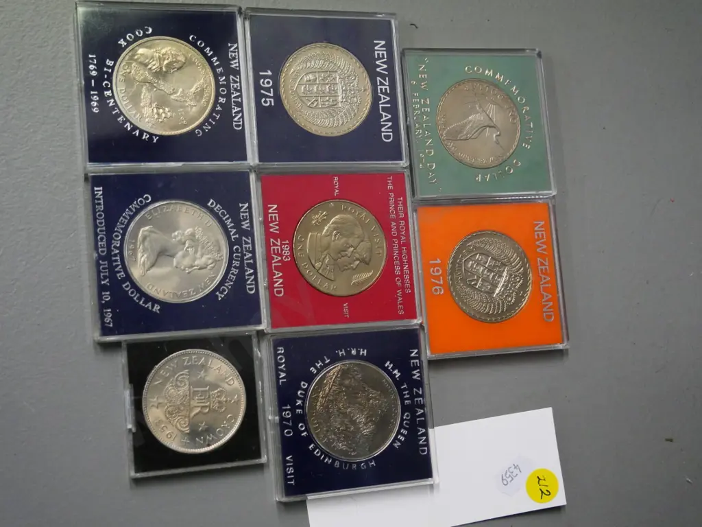 8 New Zealand commemorative collector coins - 1969 Bicentenary, Royal visits, 1974 NZ Day, etc. Image 1++