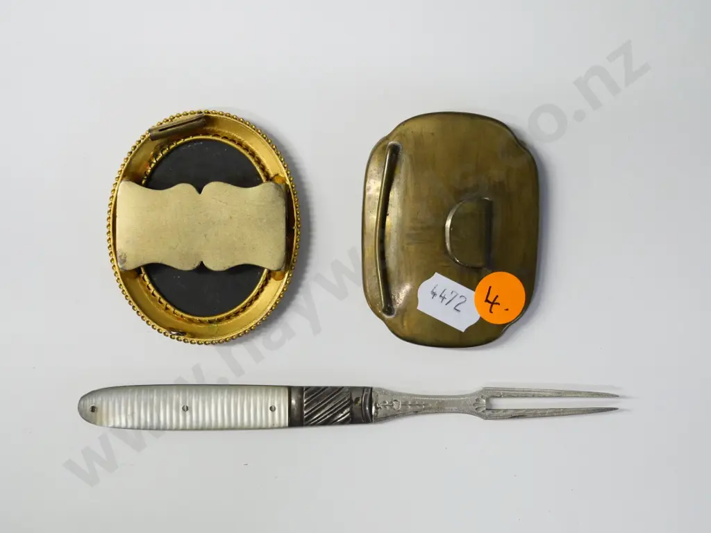 2 vintage belt buckles - one Japanese Satsuma, one Italian stone inlay, and a mother of pearl handled folding fruit fork Image 1++