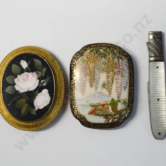 2 vintage belt buckles - one Japanese Satsuma, one Italian stone inlay, and a mother of pearl handled folding fruit fork