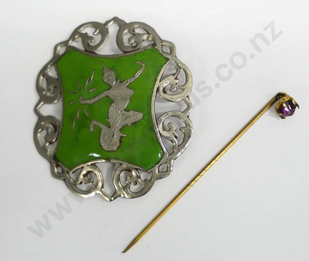 silver enamel brooch stamped Siam silver & amethyst tie pin Image 1++