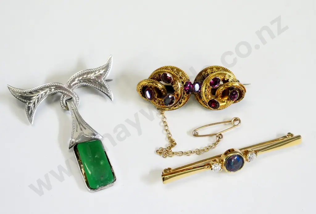 opal bar brooch, amethyst brooch with sfety chain & costume brooch Image 1++