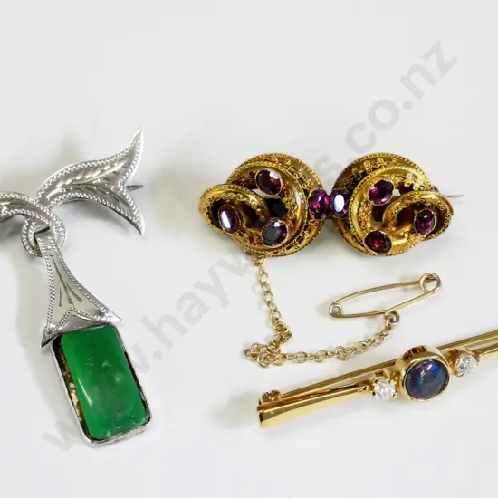 opal bar brooch, amethyst brooch with sfety chain & costume brooch