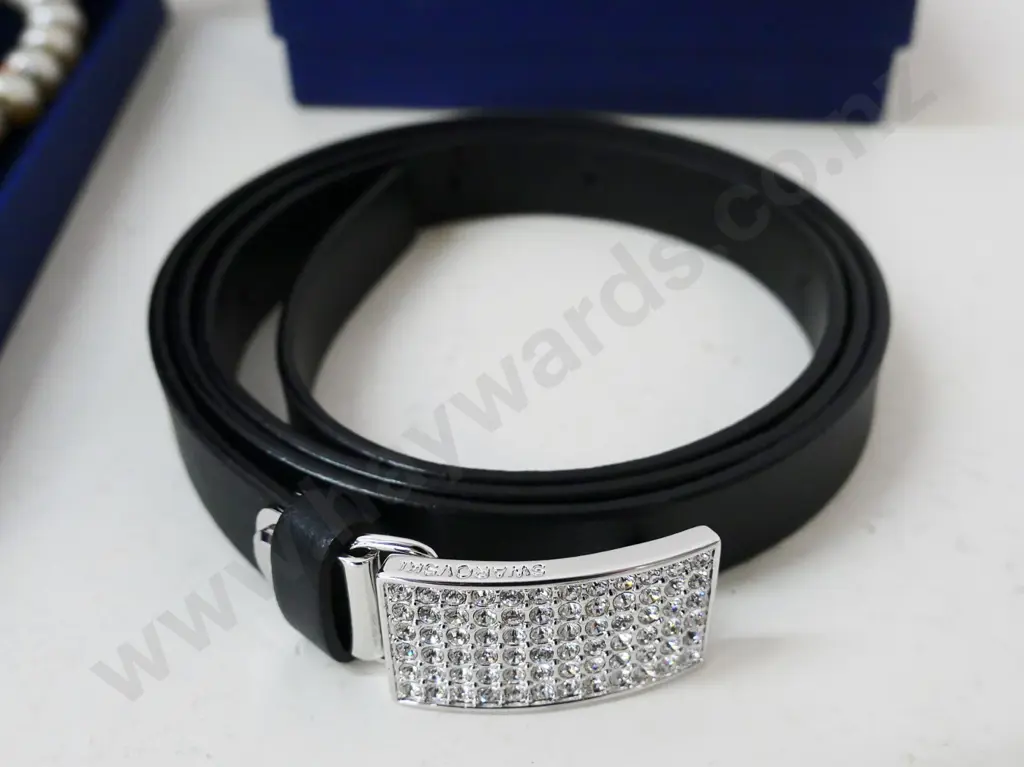 3 Swarovski crystal items - 2 necklaces in case and a leather belt with crystal and silver buckle Image 1++