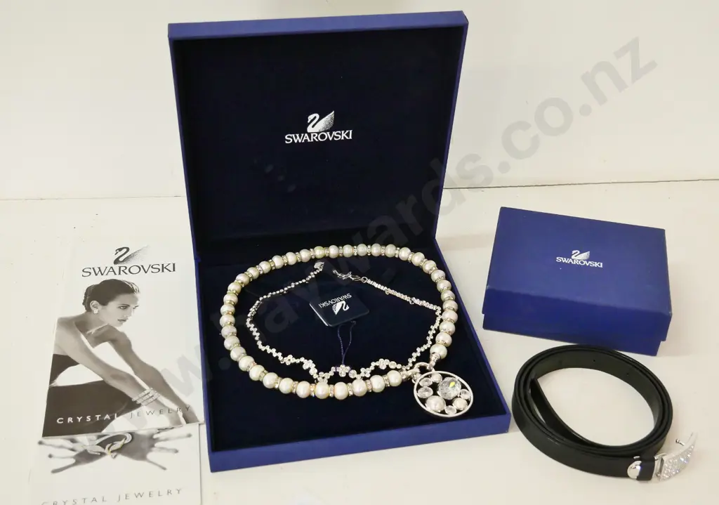 3 Swarovski crystal items - 2 necklaces in case and a leather belt with crystal and silver buckle Image 1++