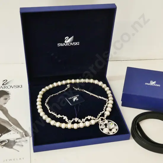3 Swarovski crystal items - 2 necklaces in case and a leather belt with crystal and silver buckle