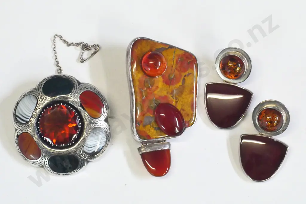 large brooch, earrings set stamped sterling & agate brooch with safety chain Image 1++