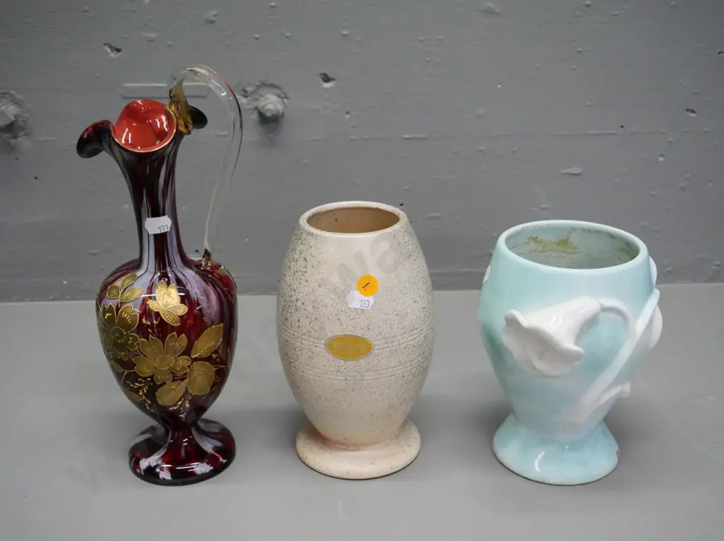 Salisbury NZ No. 5 (Crown Lynn?) vase, Clarice Cliff nouvea style with chip to base & art glass vase w/gilt decoration Image 1++