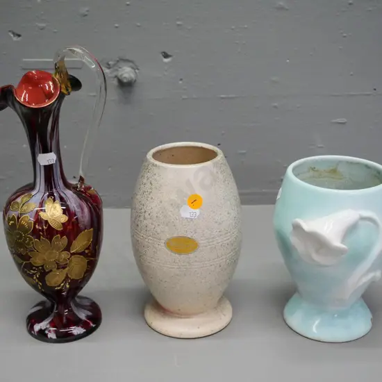 Salisbury NZ No. 5 (Crown Lynn?) vase, Clarice Cliff nouvea style with chip to base & art glass vase w/gilt decoration