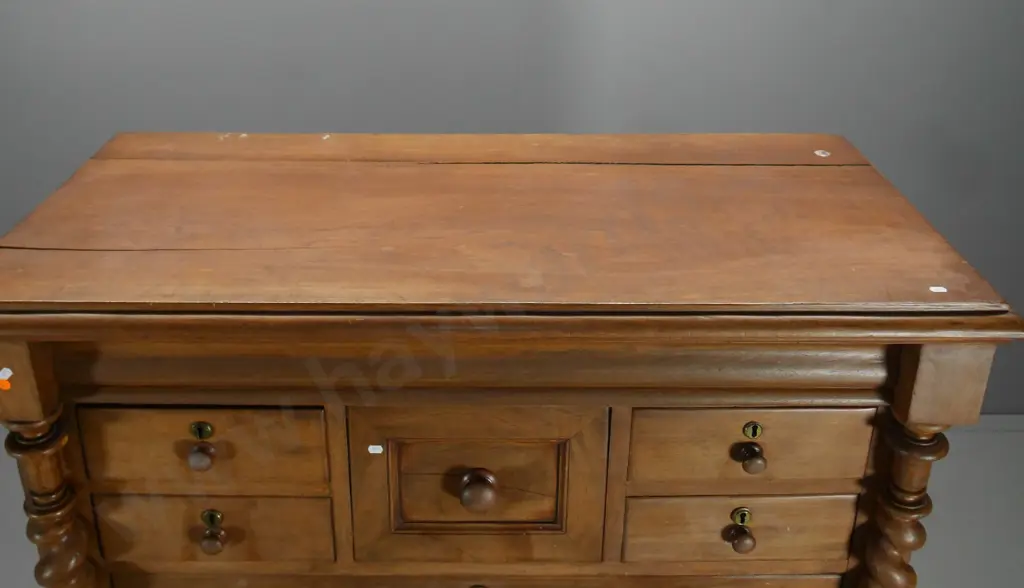 restorer's vintage walnut 8-drawer Scotch chest, brass key escutcheons - has splitting. H1430 W1210 D590 Image 1++