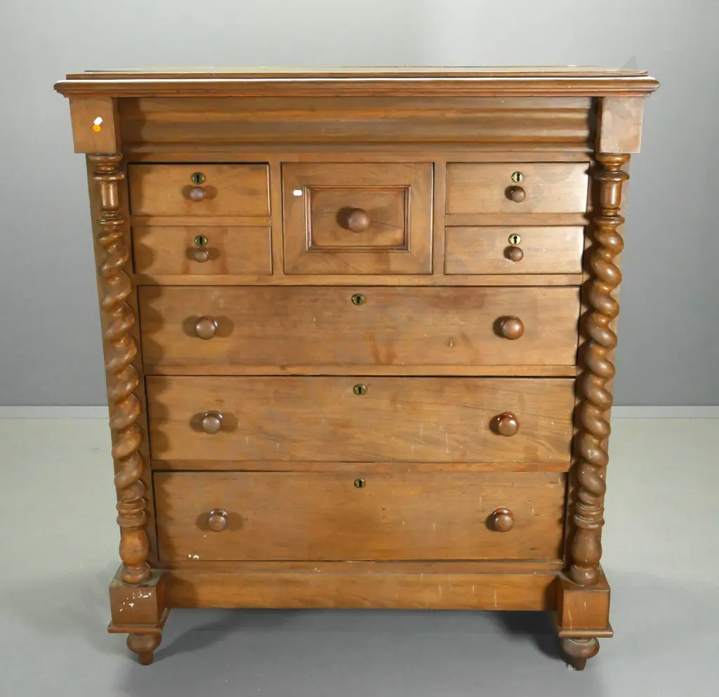 restorer's vintage walnut 8-drawer Scotch chest, brass key escutcheons - has splitting. H1430 W1210 D590 Image 1++