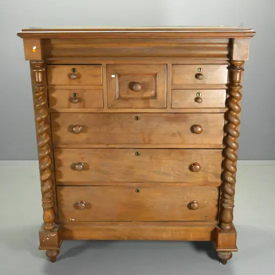 restorer's vintage walnut 8-drawer Scotch chest, brass key escutcheons - has splitting. H1430 W1210 D590