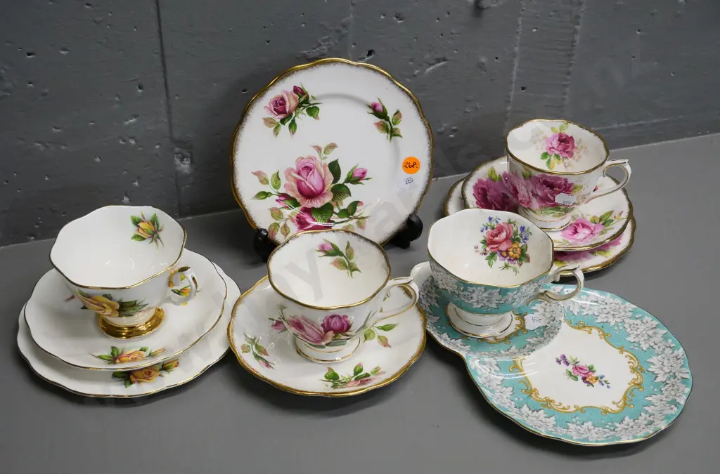 Royal Albert china - 3 trios - American Beauty, Rosemary & Anniversary Rose - and an Enchantment tennis set Image 1++
