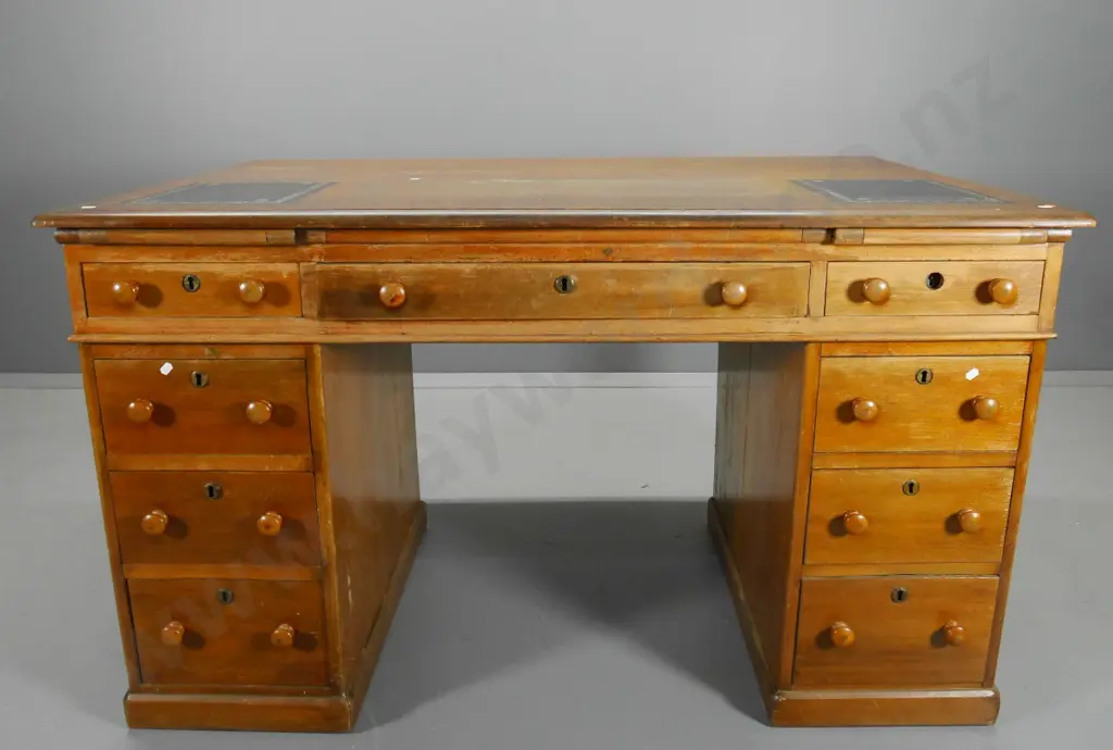 kauri 9-drawer twin pedestal partner's desk, tooled leather, 1 key escutcheon missing, splitting on ends H800 W1370 D900 Image 1++