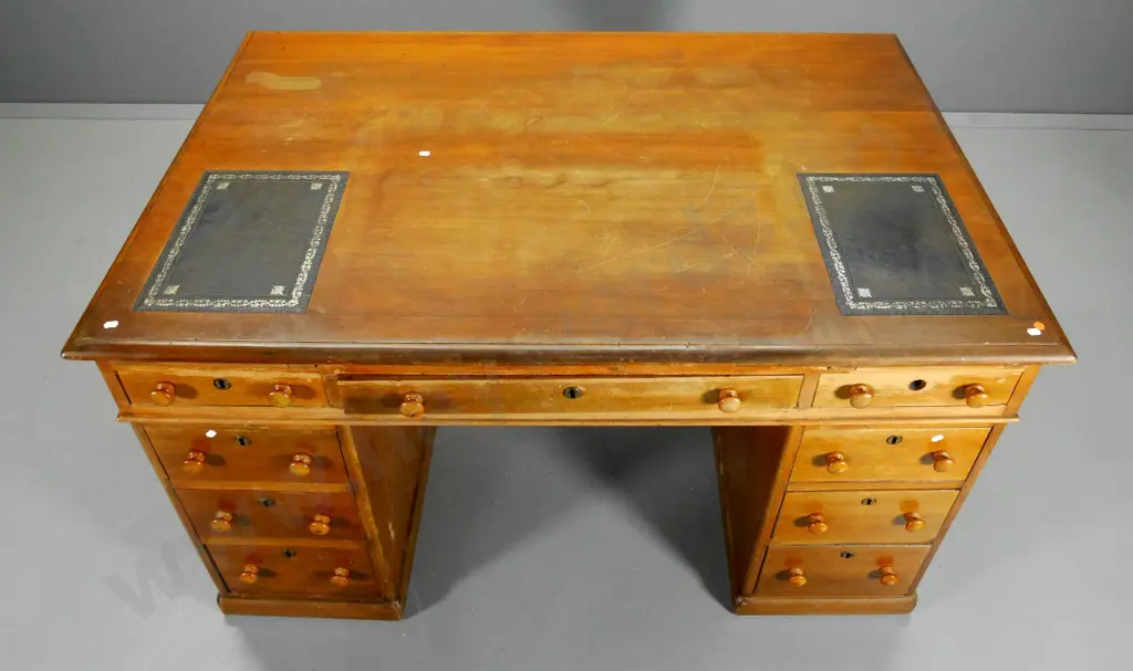 kauri 9-drawer twin pedestal partner's desk, tooled leather, 1 key escutcheon missing, splitting on ends H800 W1370 D900 Image 1++