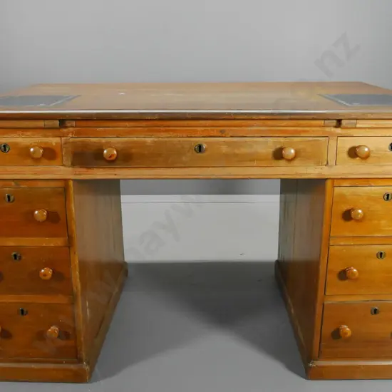 kauri 9-drawer twin pedestal partner's desk, tooled leather, 1 key escutcheon missing, splitting on ends H800 W1370 D900