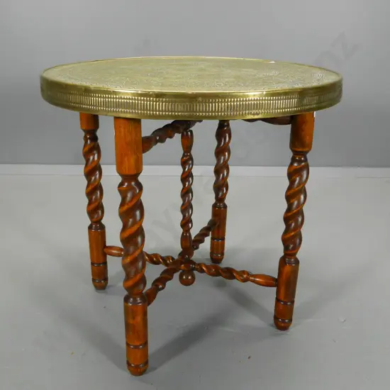 vintage occasional table with pressed brass top, folding twist-carved legs H-580 Diameter 590