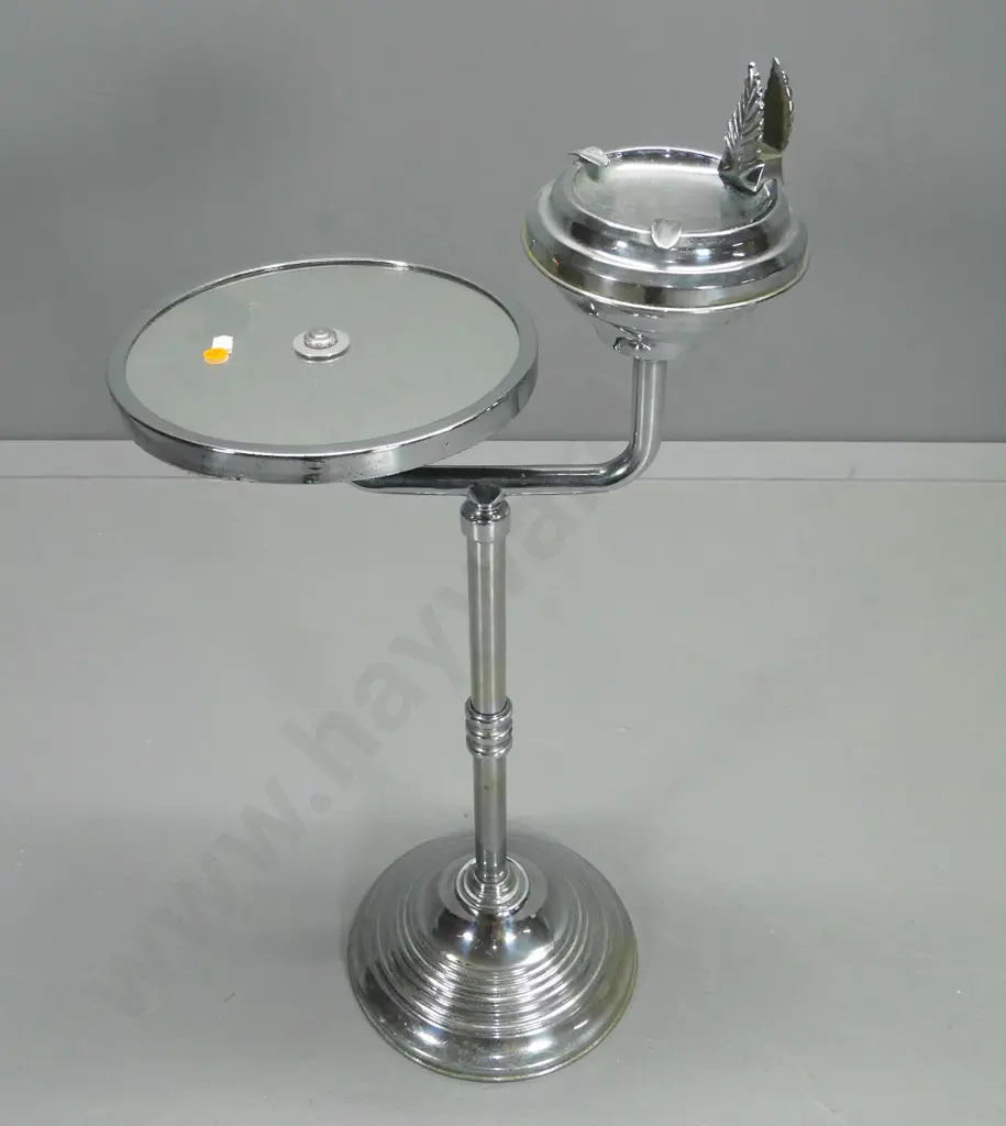 retro chrome smoker's stand with mirrored glass top with ashtray and matchbox holder - minor marks to top H-740 W-400 Image 1++