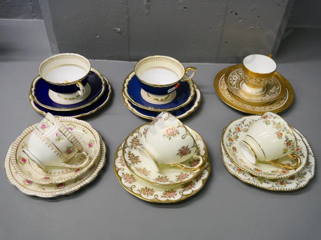 6 English bone china trios - Royal Albert, gilt Minton, 2x Royal Staffordshire, Salisbury and Royal Stafford Image 1++