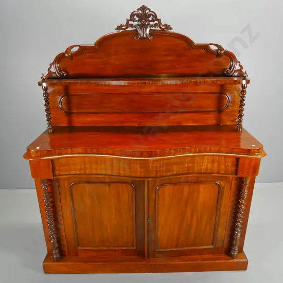 large Victorian mahogany bow front chiffonier w/ carved detail, barley twist columns, internal cupboard H1670 W1370 D490