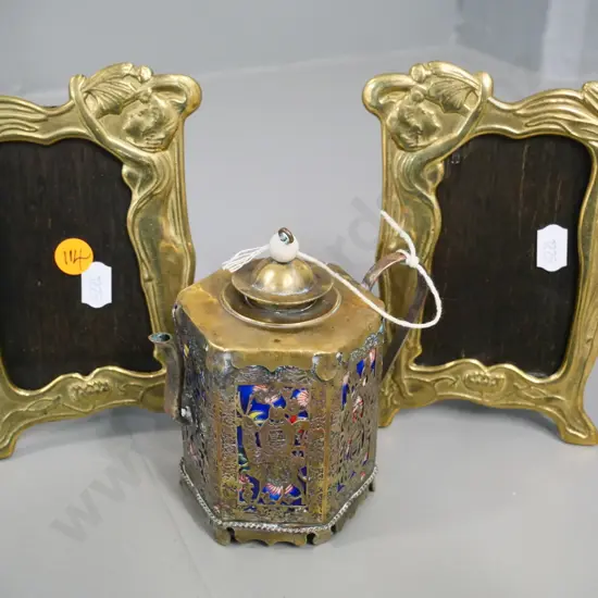 2 small art nouveau style brass picture frames H-150 W-100 and a small Asian porcelain teapot in filigree covering