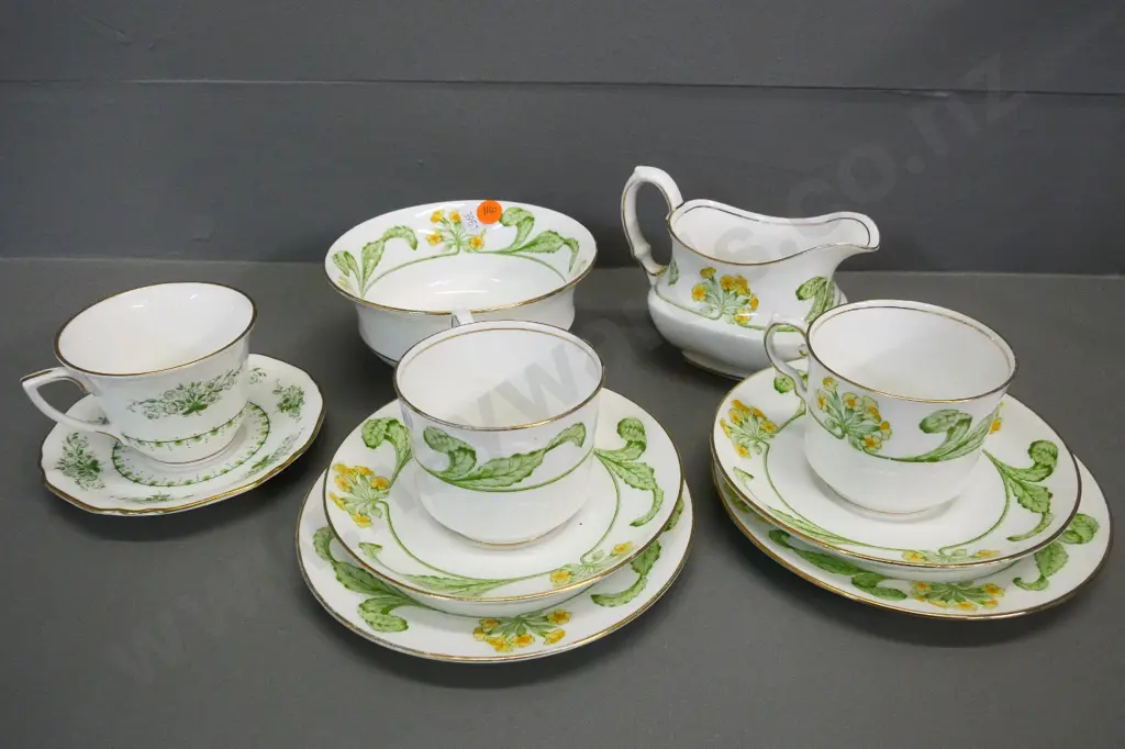 Aynsley Primrose cream, sugar & 2 trios, Royal Worcester Derwent coffee cup and saucer Image 1++