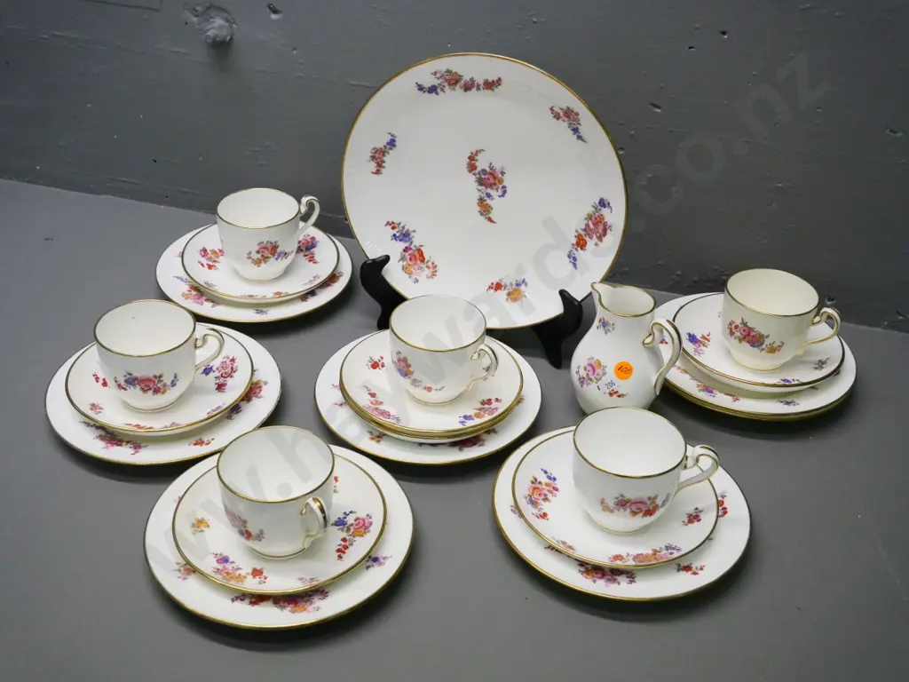 Minton floral teaware - 6 trios, creamer and cake plate with extra side plate and saucer Image 1++