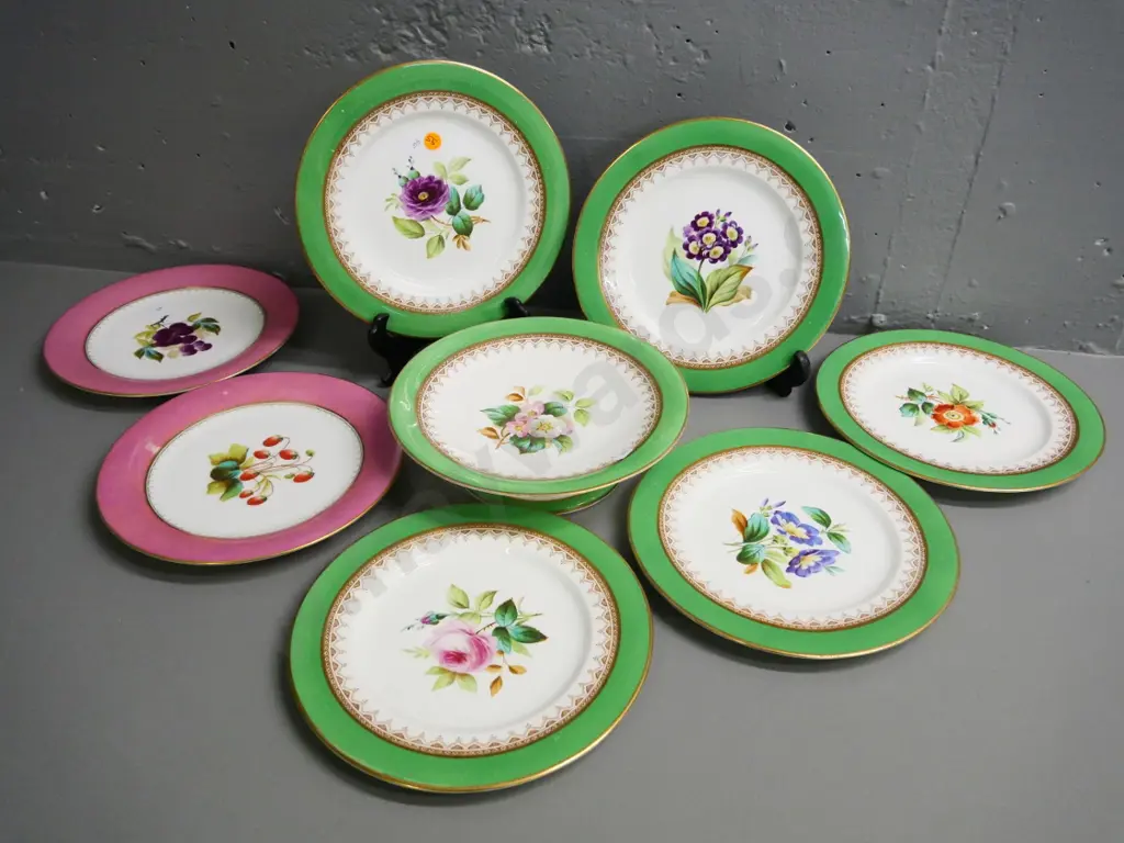 vintage botanical pattern green band fruit set with comport bowl, 5 matching plates, 2 extra pink - one has glaze loss Image 1++