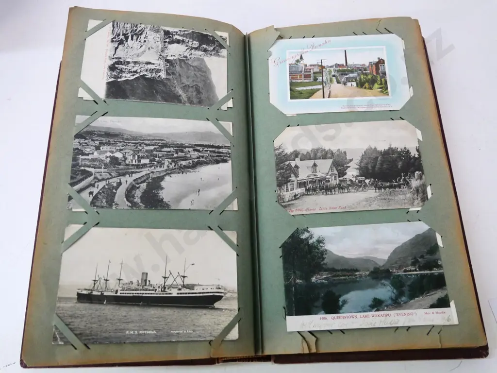 vintage postcard album with 400 early New Zealand postcards, mainly south island - damage to some backing pages Image 1++