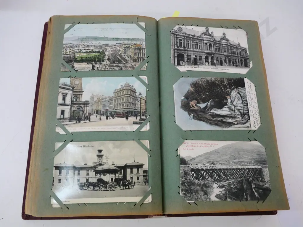 vintage postcard album with 400 early New Zealand postcards, mainly south island - damage to some backing pages Image 1++