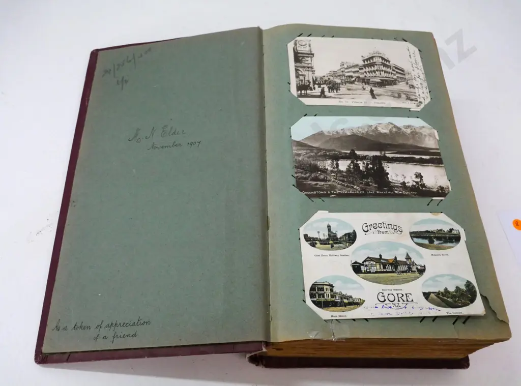 vintage postcard album with 400 early New Zealand postcards, mainly south island - damage to some backing pages Image 1++