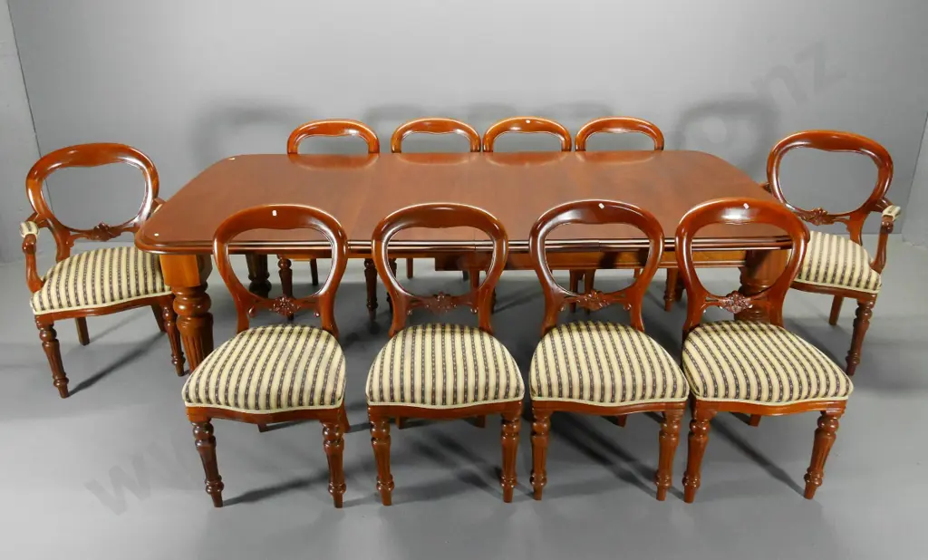 mahogany extending dining table with 2 leaves, crank, 10 balloon back chairs w/striped damask seats H-770 L-2500 W-1200 Image 1++