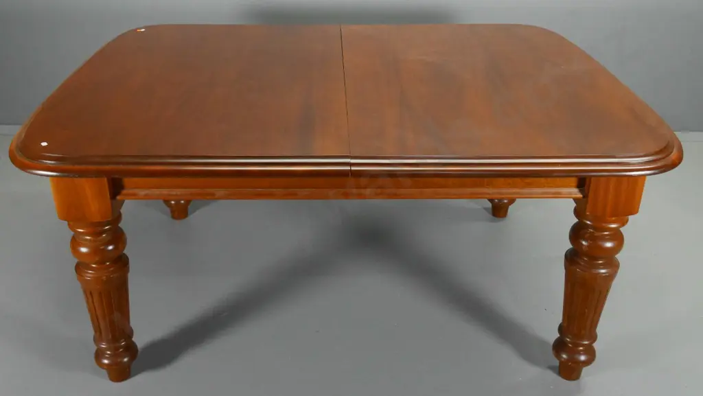 mahogany extending dining table with 2 leaves, crank, 10 balloon back chairs w/striped damask seats H-770 L-2500 W-1200 Image 1++