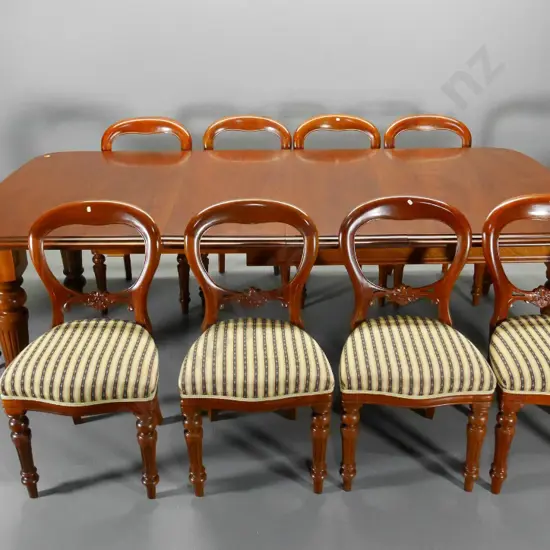 mahogany extending dining table with 2 leaves, crank, 10 balloon back chairs w/striped damask seats H-770 L-2500 W-1200