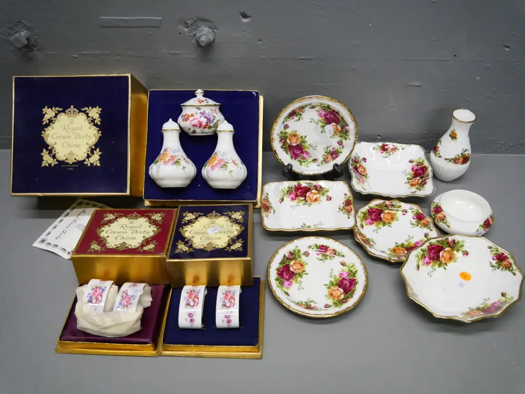 Royal Albert Old Country Roses sweet dishes, vase, bowl etc. and boxed Royal Crown Derby napkin rings and condiment set Image 1++