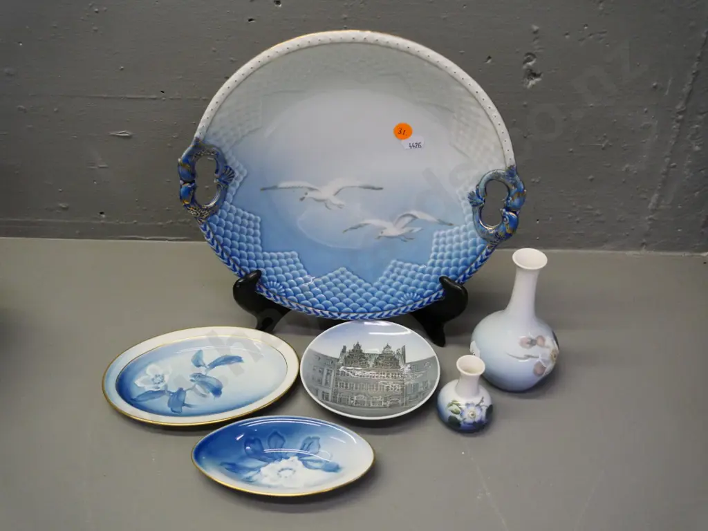 6 Bing & Grondahl or Royal Copenhagen items - B&G handled seagull plate, 2 Royal Copenhagen vases, 2 dishes etc. Image 1++