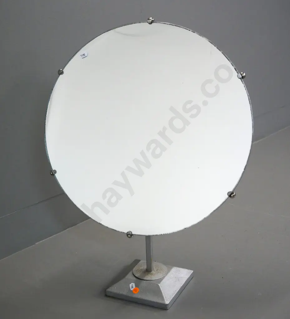 circular mirror on industrial style metal base, painted wood back - needs new tilt locking nut & bolt H-580 Mirror D-430 Image 1++