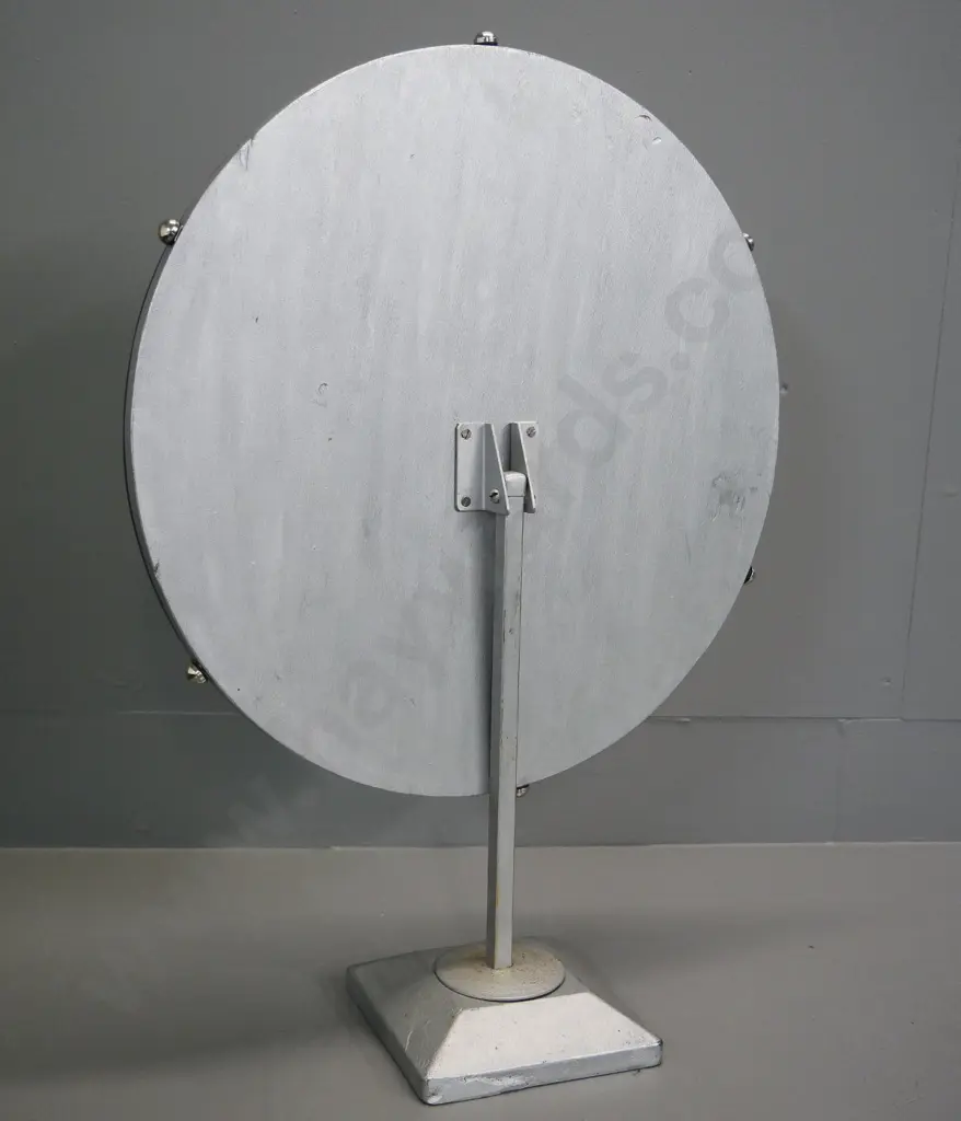 circular mirror on industrial style metal base, painted wood back - needs new tilt locking nut & bolt H-580 Mirror D-430 Image 1++
