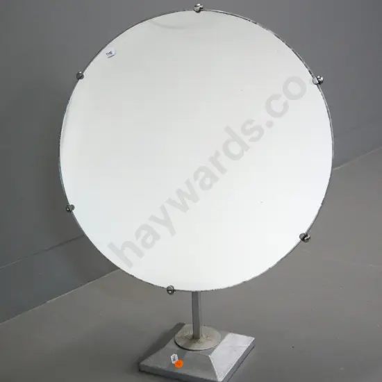 circular mirror on industrial style metal base, painted wood back - needs new tilt locking nut & bolt H-580 Mirror D-430