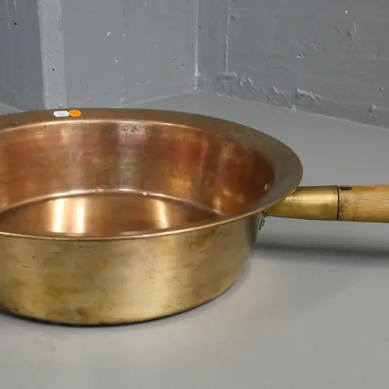 large copper pan with wood handle. Diameter 360, D-100, L-520 incl. handle