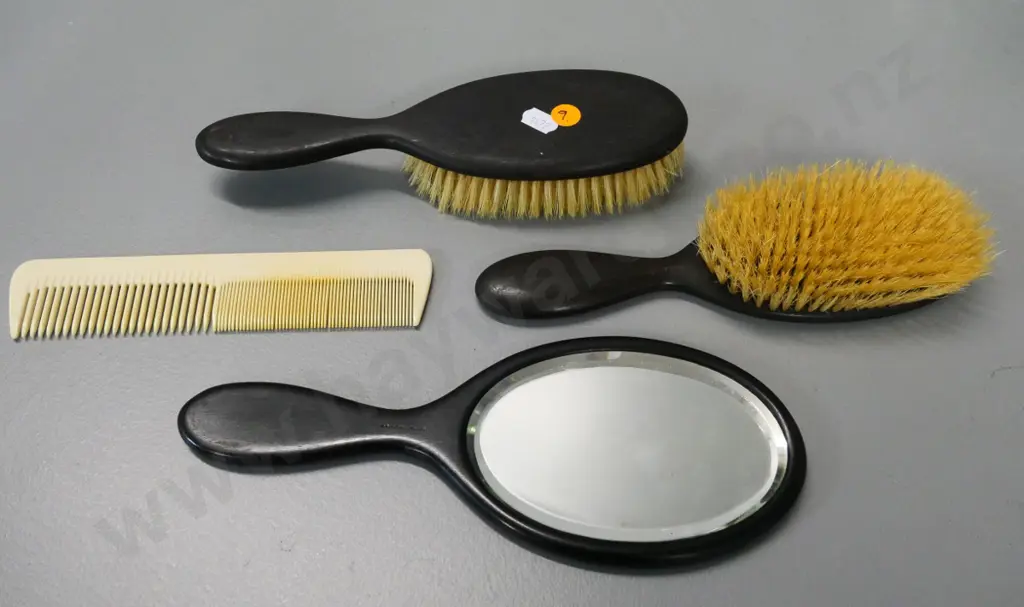 vintage dressing table set with ebony wood handles, faux ivory comb - mirror is L-250 Image 1++