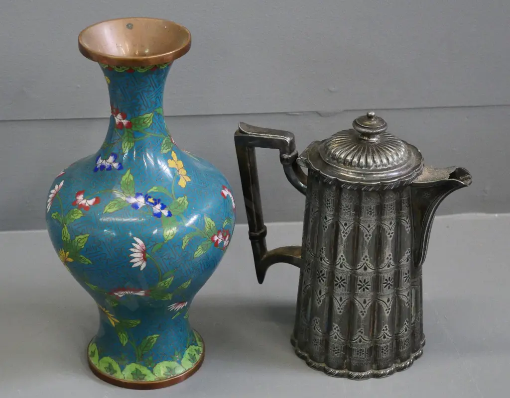 vintage cloisonne vase H-260 and a silver-plated Thomas Astley & Son coffee pot Image 1++