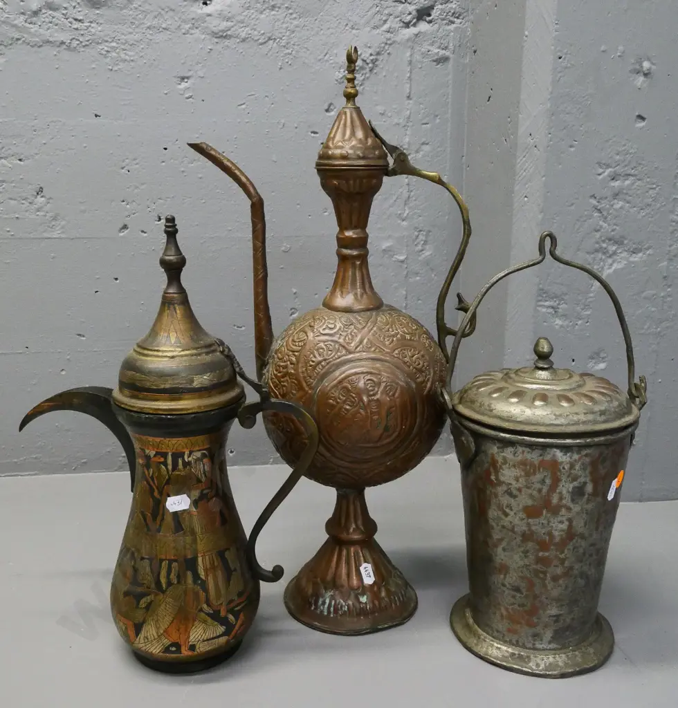 3 middle eastern ornate cast / etched metal items - lidded pail and 2 jugs/pots - tallest H-500 Image 1++