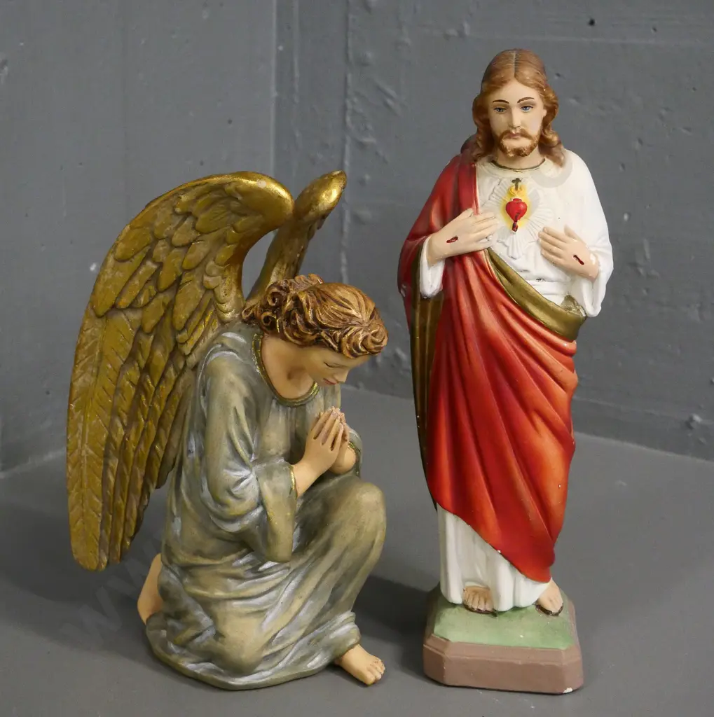 2 religious figurines - painted plaster Christ with some paint loss H-320 and composite kneeling angel Image 1++