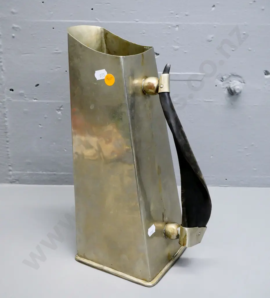 unusual square-based metal jug with horn handle, 'Hecho en Mano' stamped on bottom H-320 Image 1++